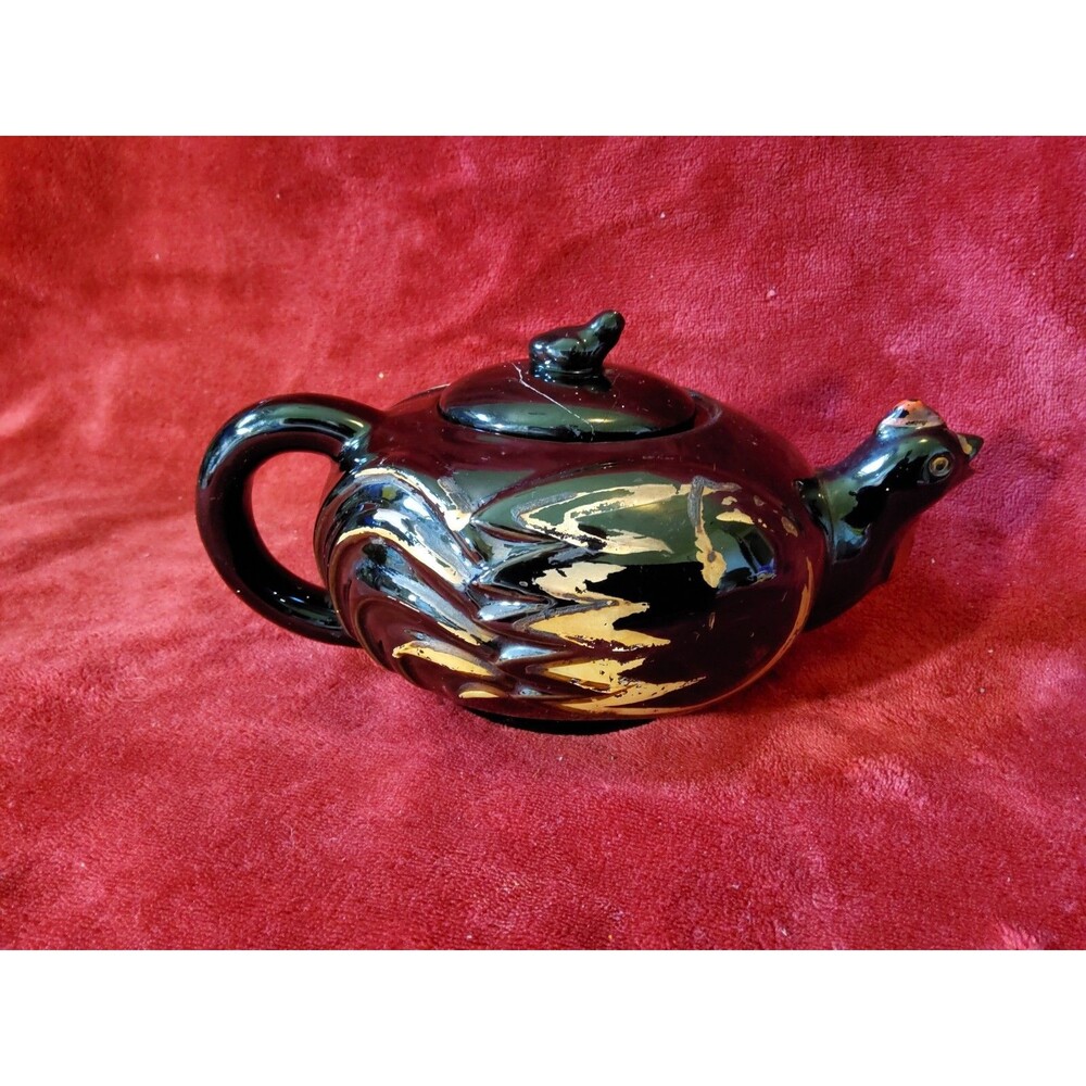 1950's Vintage Redware Black Hen Teapot w/ Chick on Lid SEE DESCRIPTION